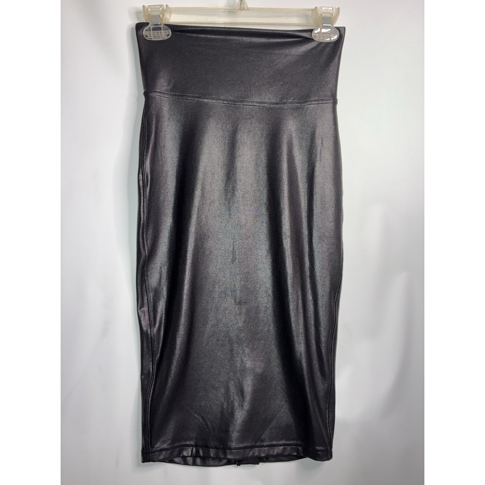 SPANX Faux Leather Pencil Skirt Sz Small Petite Tummy Control Black Back Slit